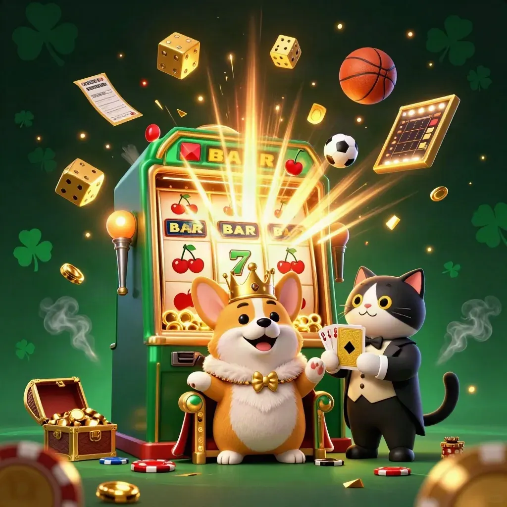 Royaler Corgi und Katzenbutler mit Slot-Explosion, Bällen und Gold im dunklen Emerald.