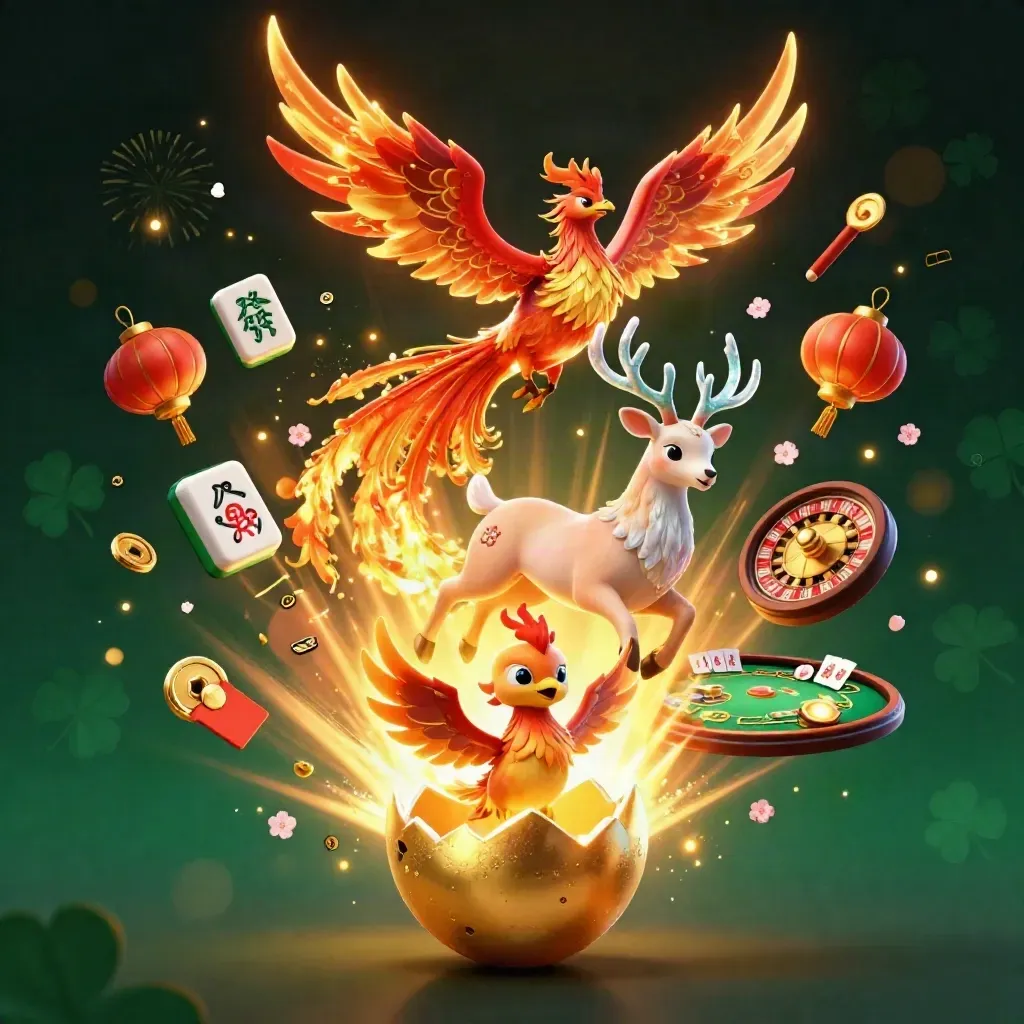 Phönix, Babypfau und Hirsch mit Kristallgeweih im goldenen Casino-Glanz