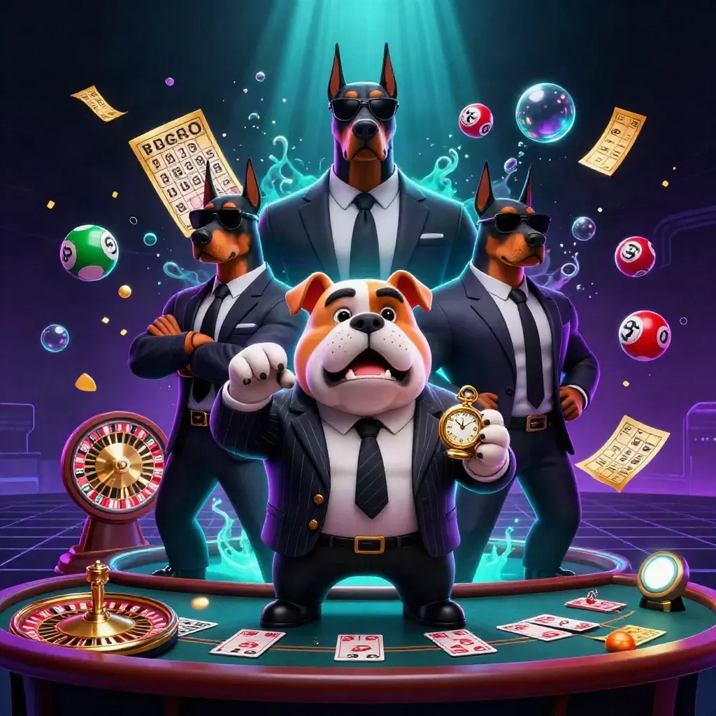 Mafiahund im Casinoglamour mit Dobermännern, Glücksrad und leuchtenden Spielobjekten.