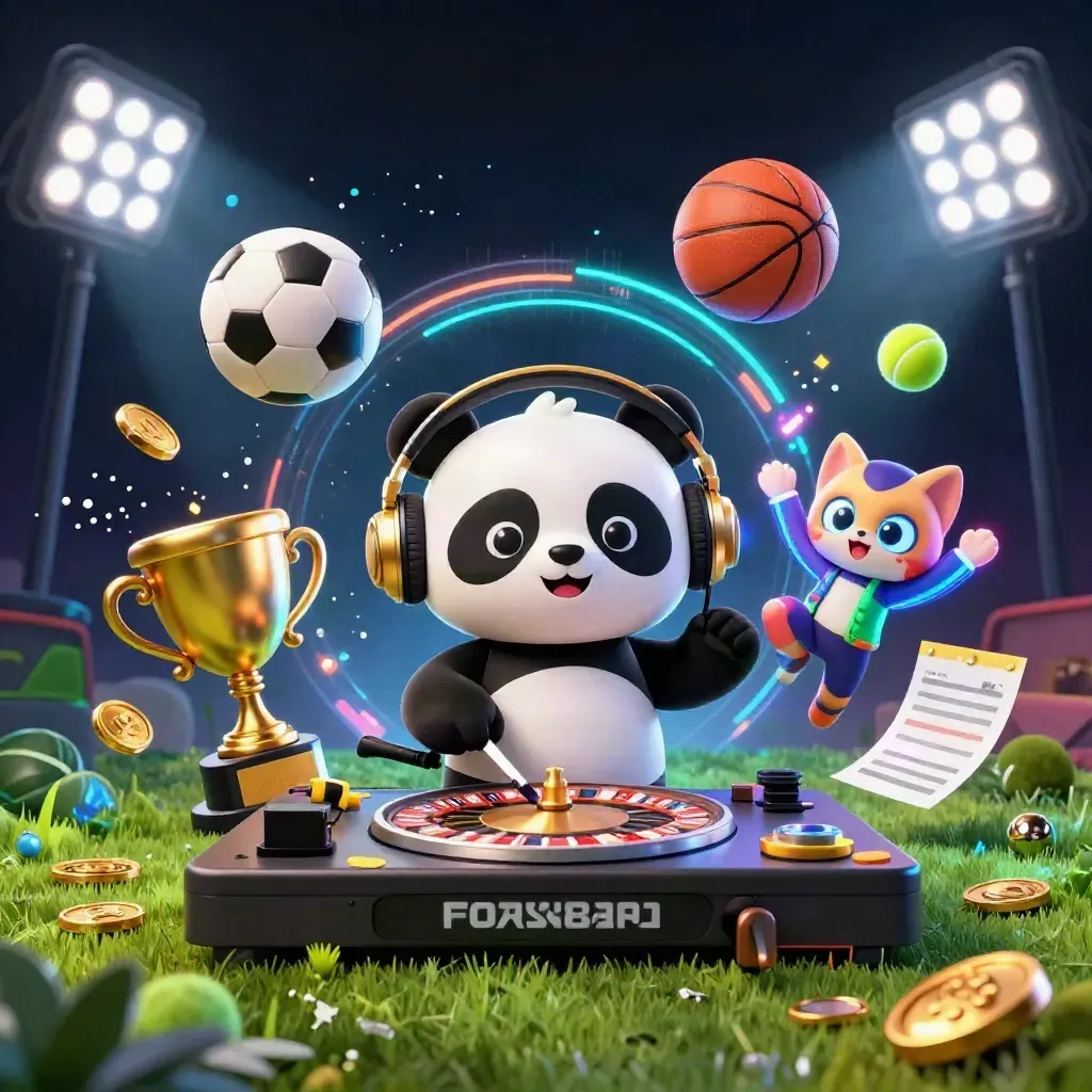 DJ-Panda, tanzender Affe und Glow-Stick-Kätzchen mit fliegendem Ball und Stadionlicht