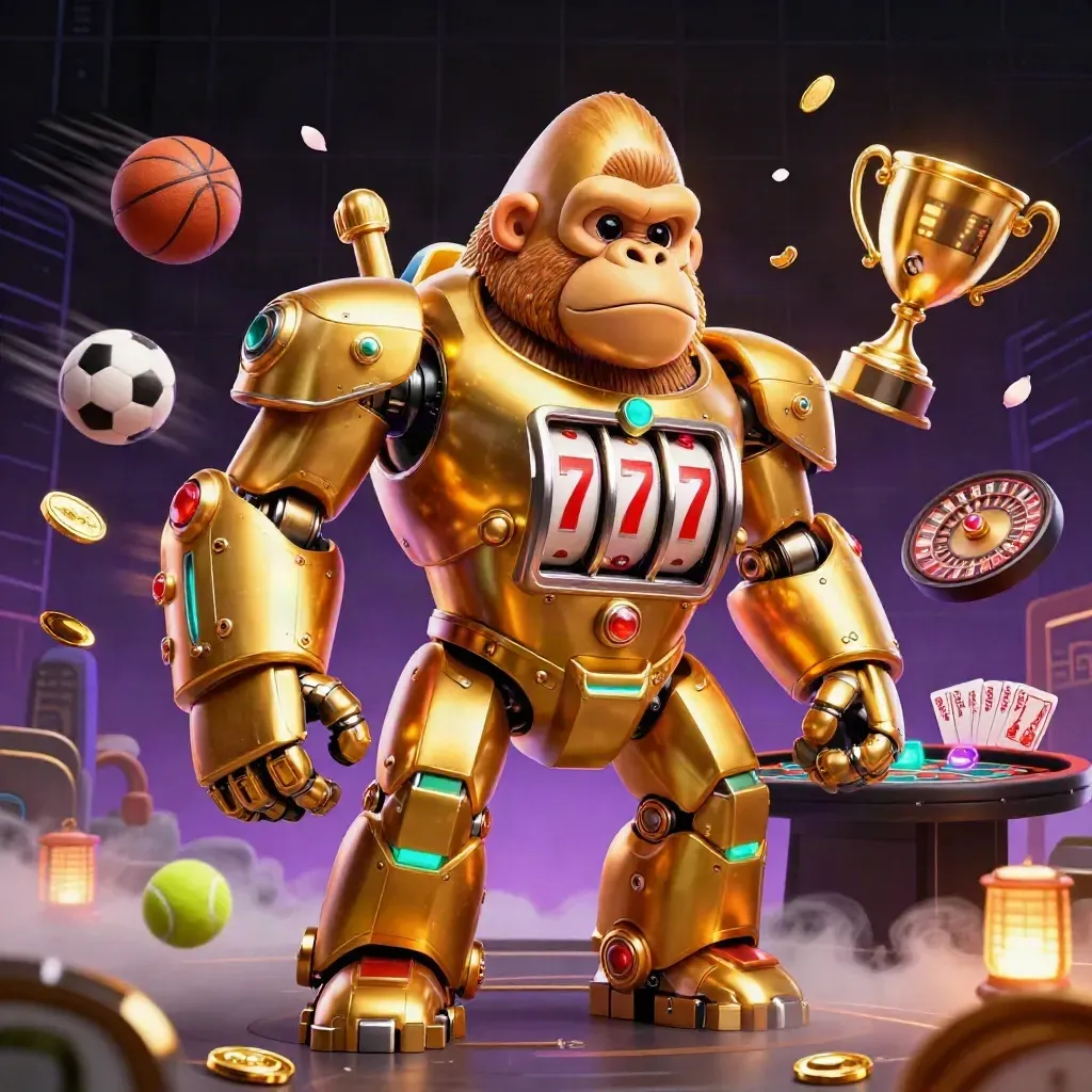 Goldener Gorilla-Mech mit Affenpilot, Sportbälle, Coins und Casino-Licht im Neonraum