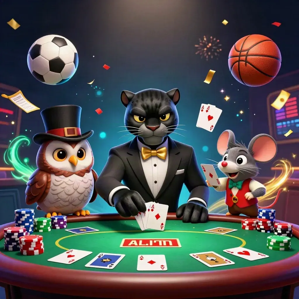 Panther, Eule und Maus im Goldlicht, Karten und Chips fliegen, Fußball und Basketball im Casino-Chaos.