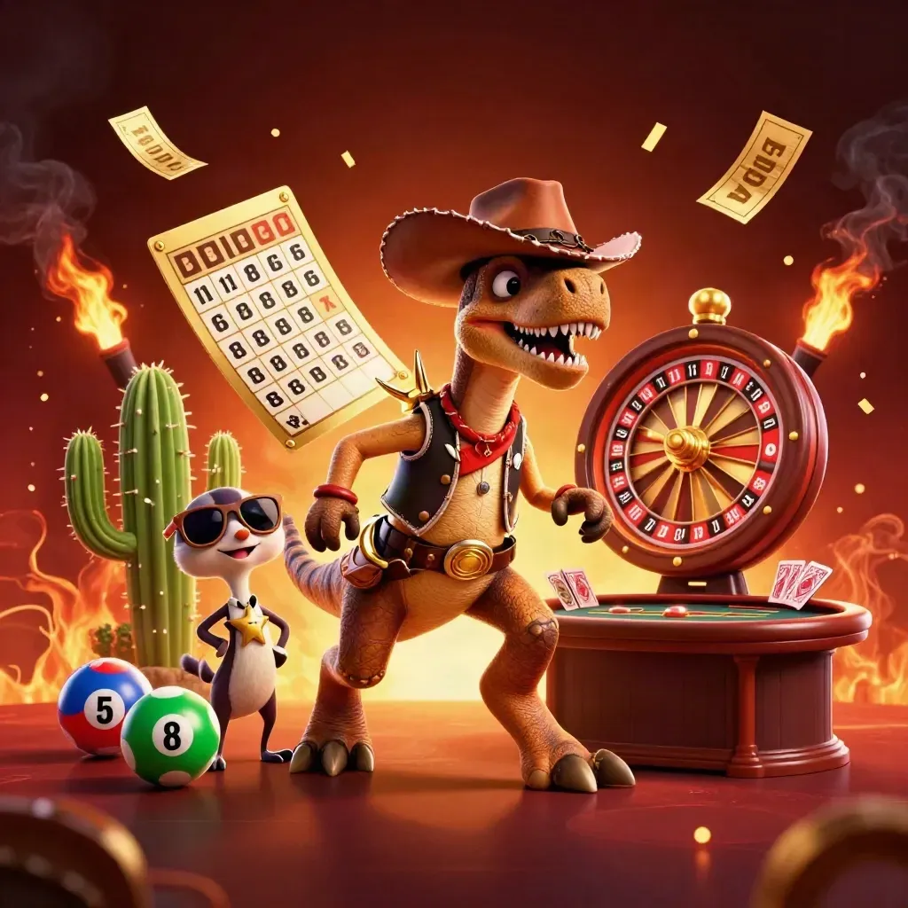 Cowboy-T-Rex, Kakteenkumpel und Sheriff-Läufer vor glühender Casino-Atmosphäre.