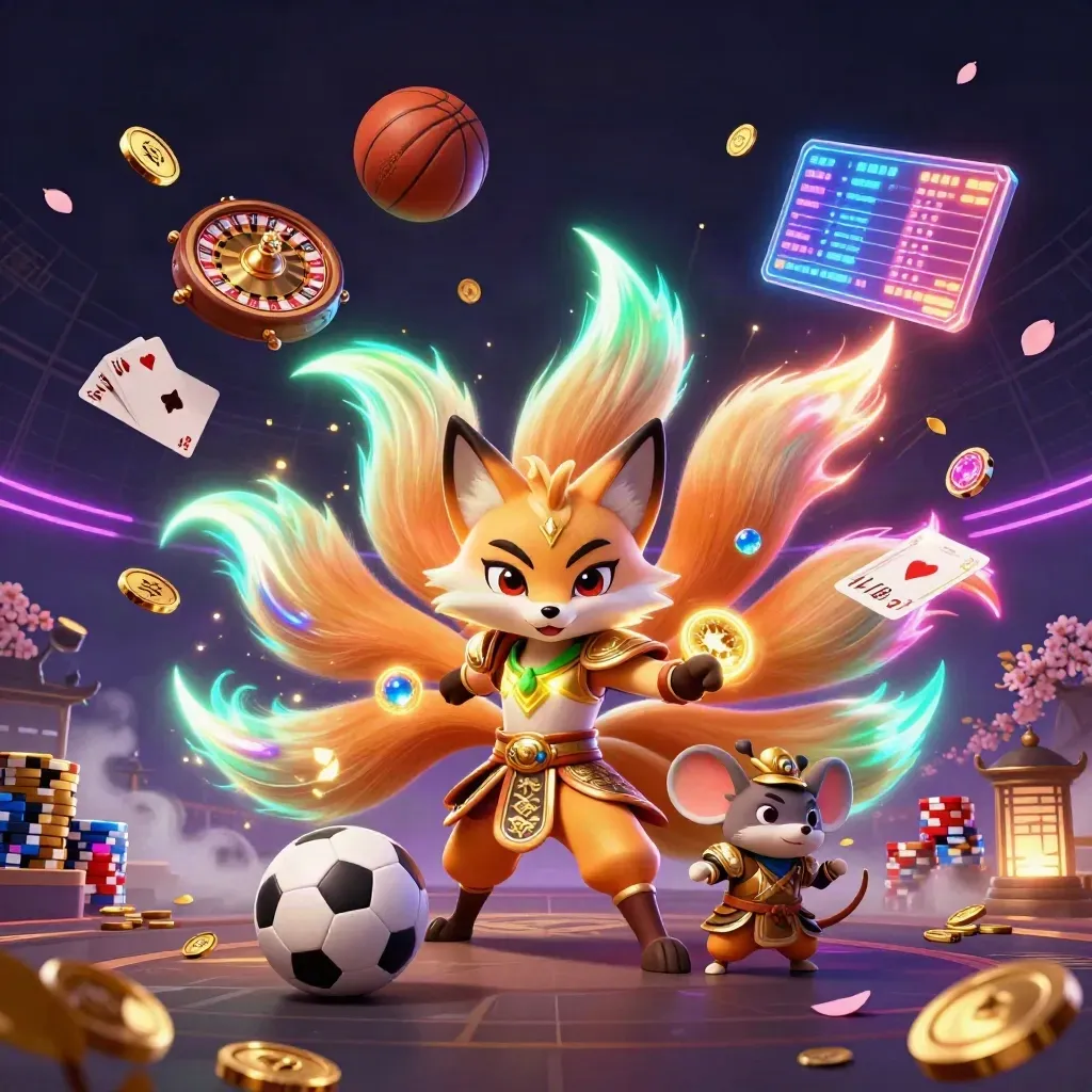 Neon-Fuchs mit Samurai-Maus, Münzen, Karten und Sportbällen in dunklem Casino-Licht