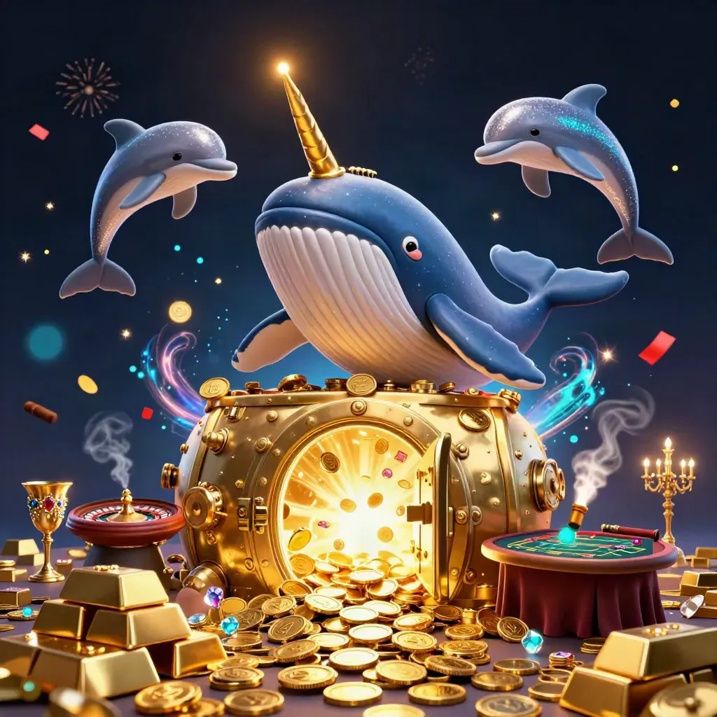 Walfisch, Narwal und Delfine in goldener Casino-Szene vor Tresortor und Feuerwerk.
