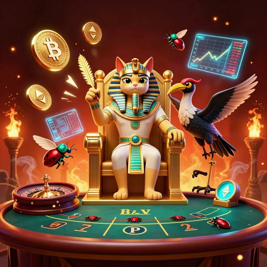 Pharaonenkatze, Ibis und Skarabäen in luxuriösem Casino mit Gold, Rauch und Neon