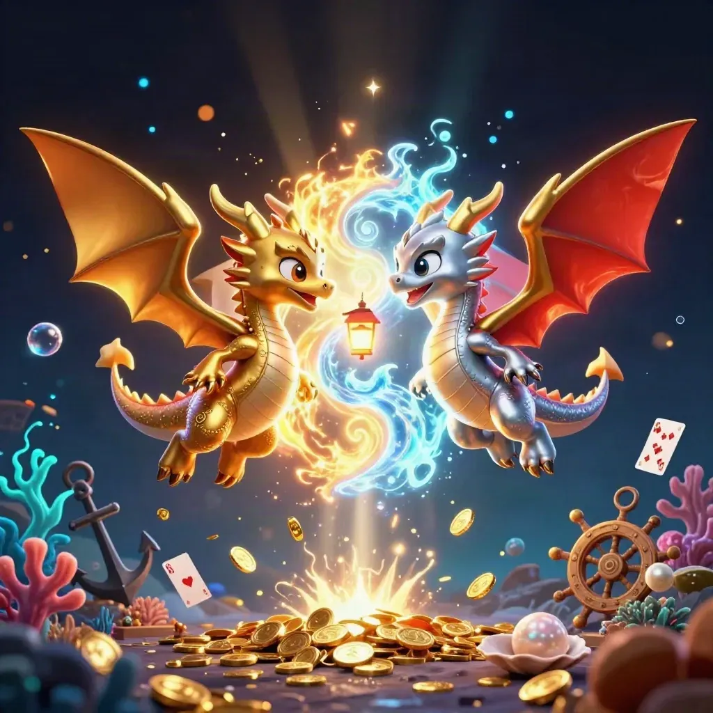 Zwei Drachen kreisen über einem Schatzriff, Feuer und Eis bilden ein Yin-Yang aus Gold und Blau.