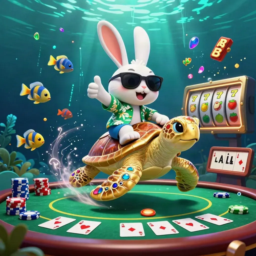 Lustiger Hase auf goldener Schildkröte im Unterwasser-Casino mit Karten, Chips und Neon-Effekten