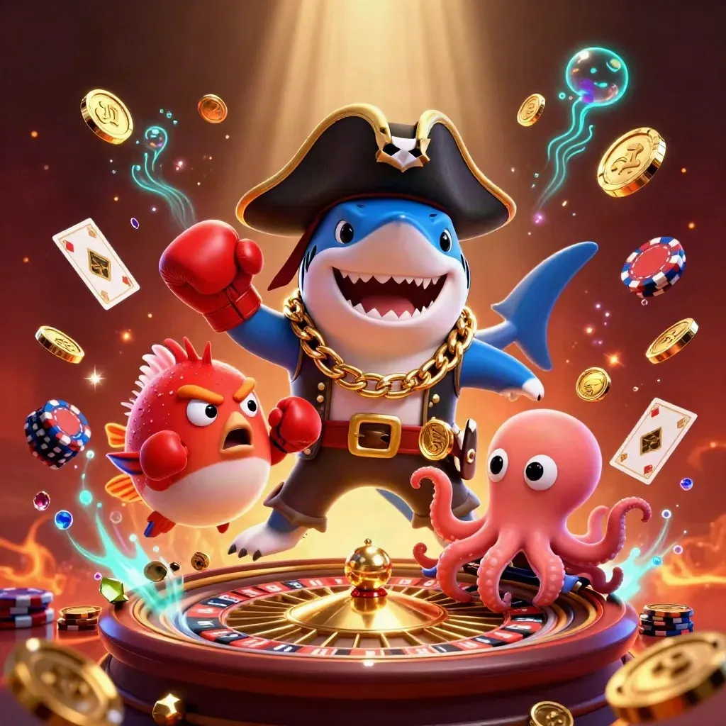 Hai-Pirat, Boxfisch und Oktopus wirbeln Gold, Karten und Chips vor dunklem Casino-Glanz.