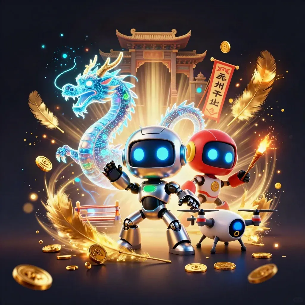 Cyberpunk-Roboter, Hologramm-Drache und Coin-Drohne vor Tempeltor in gold-blauem Casino-Look.