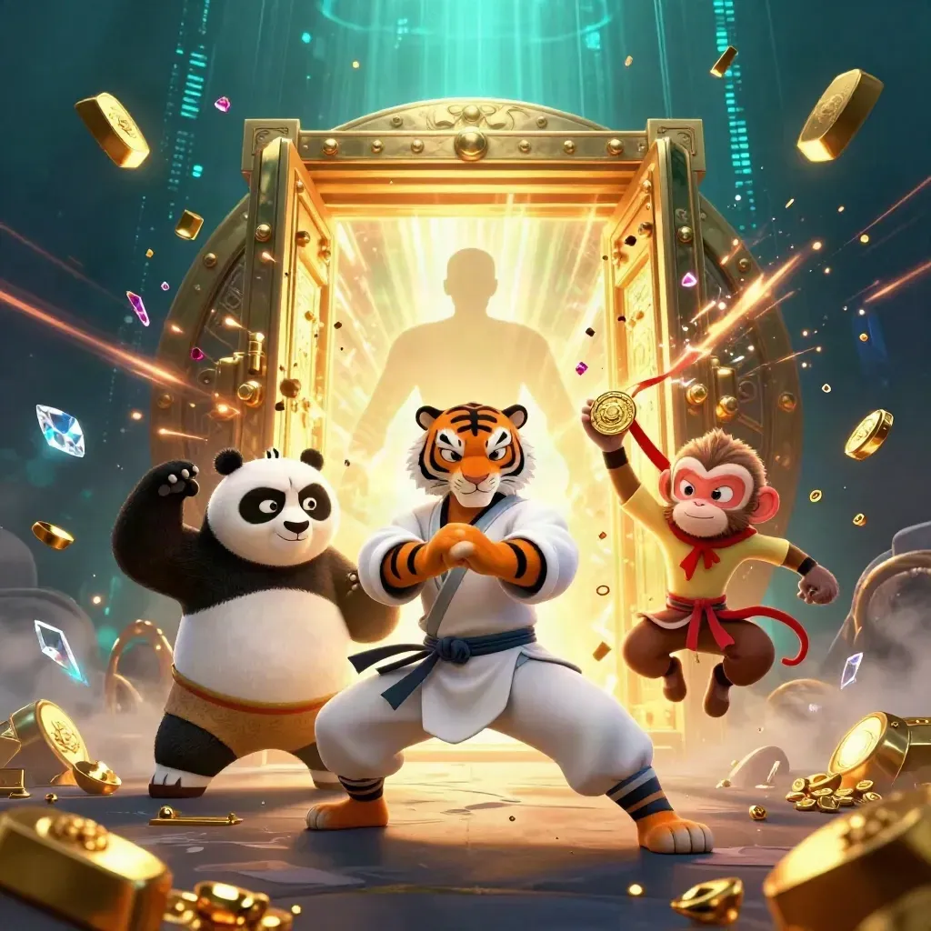 Kung-Fu-Tiger, Panda und Affe vor goldener Schatzkammer im Unterwasser-Glanz.