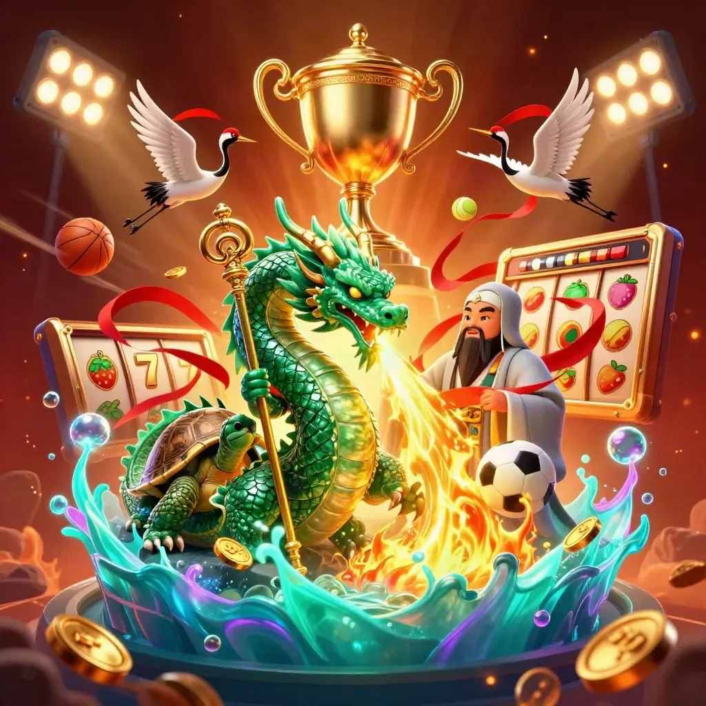 Drache, Schildkröte und Kraniche im Neon-Casino-Fantasy-Keyart mit Gold und Smaragd.