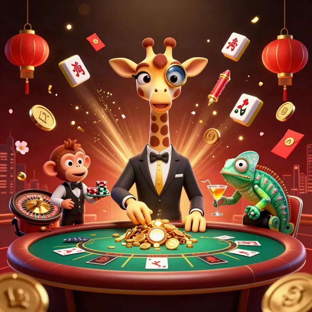 Luxuriöse Casino-Szene mit Giraffe, Affe und Chamäleon vor Goldregen und Feuerwerk.