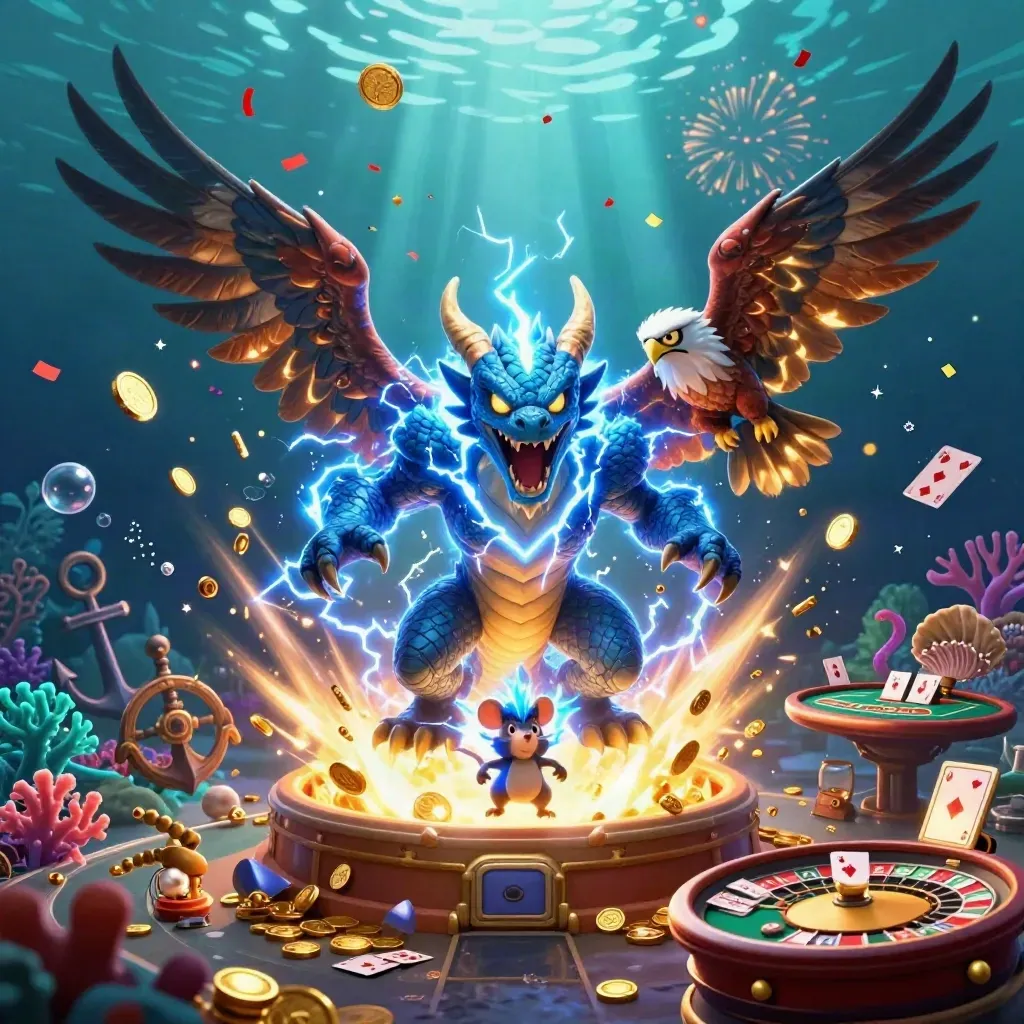 Drachen, Windfalke und Thunder-Maus in einer goldenen Unterwasser-Schatzexplosion.