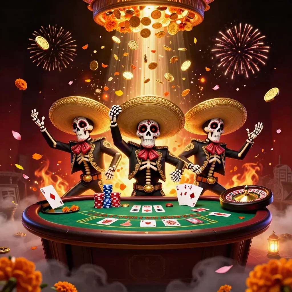 3D-Skelett-Mariachi, Pokerchips, Goldmünzen und Feuerwerk vor dunklem Casino-Hintergrund