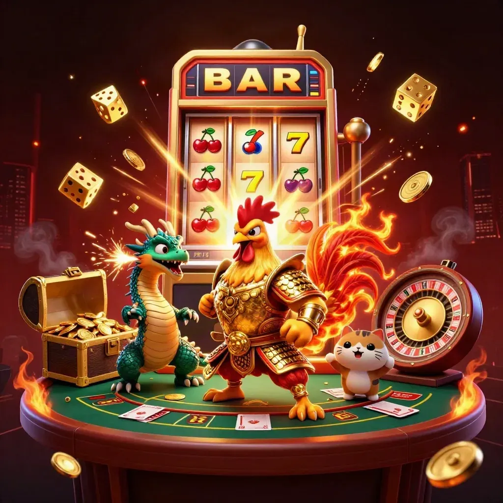 Rooster-Ritter, Drachenbaby und Glückskatze in einer goldenen Casino-Explosion.