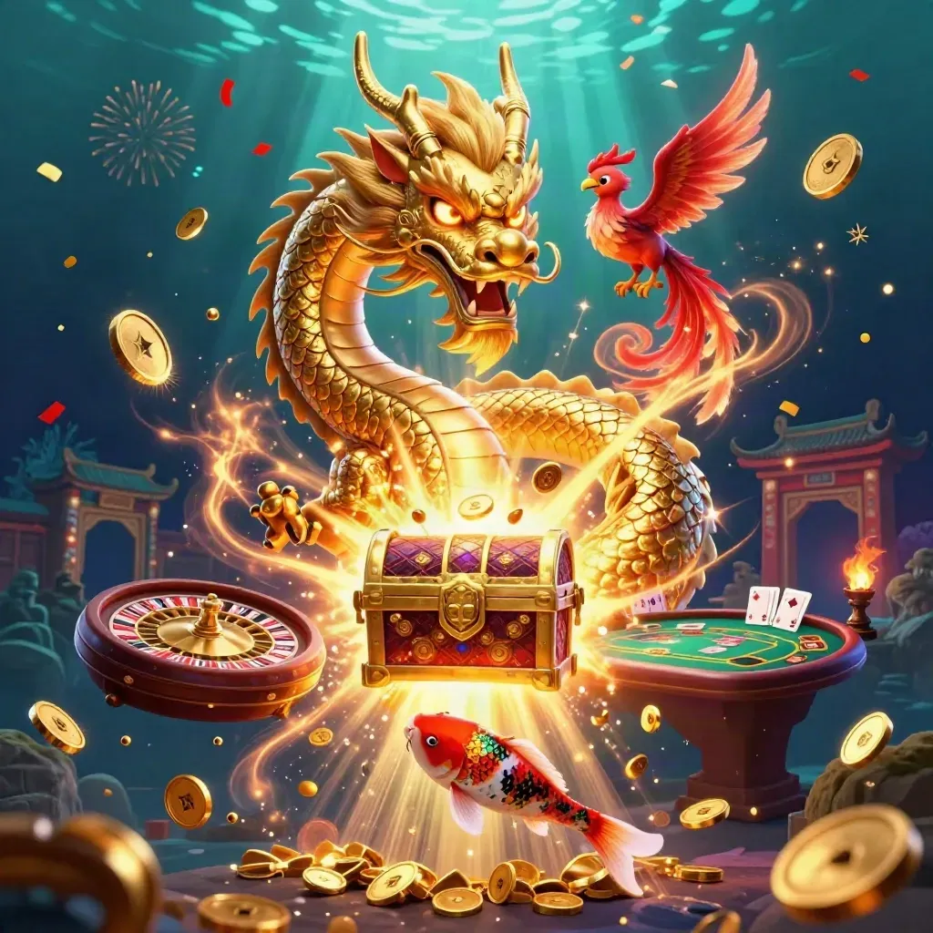 Goldener Drache, Phönix und Koi um Schätze, Münzen, Roulette und Spieltisch im Luxus-Casino-Stil