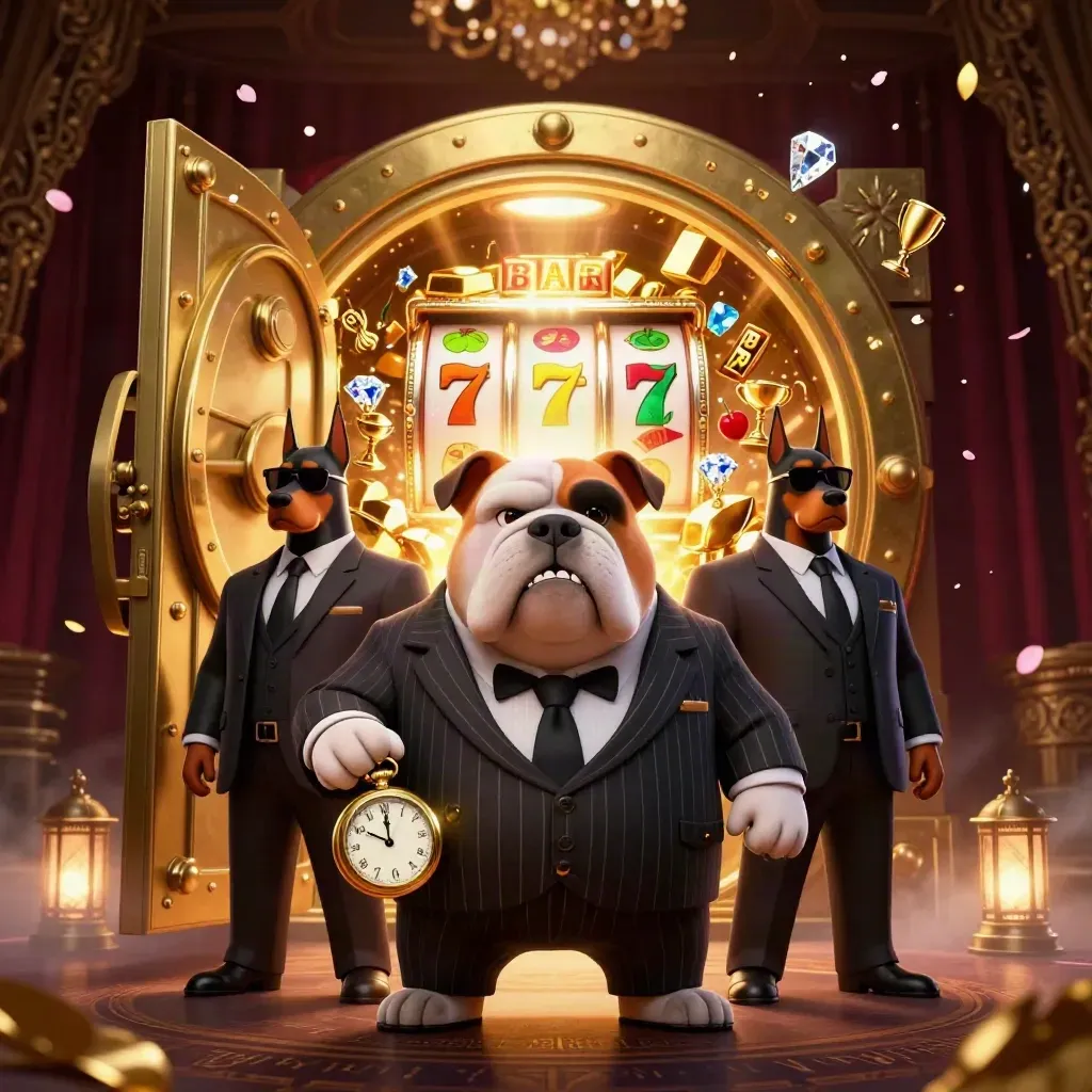 Bulldoggen-Mafioso mit zwei Dobermännern vor aufspringendem Goldtresor und Kirschenglanz.