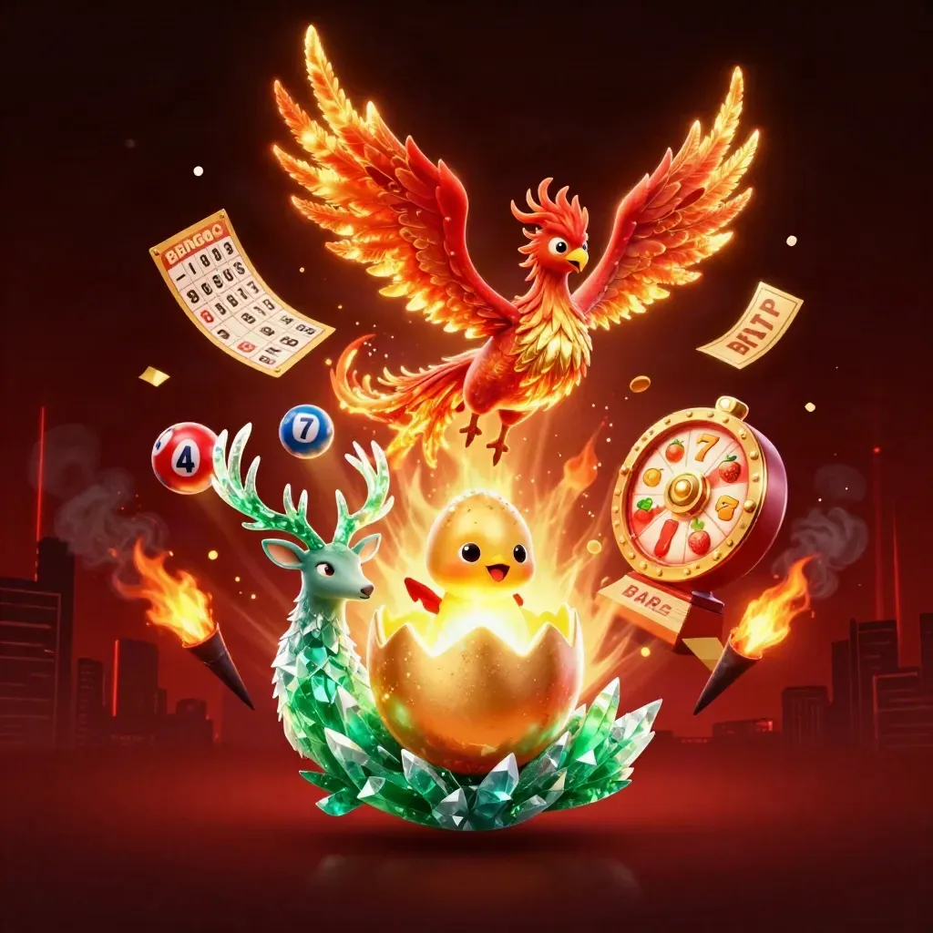 Feuerphönix, Hirsch und Kükenphönix mit Glücksrad, Kugeln und Karten vor dunklem Casinohintergrund