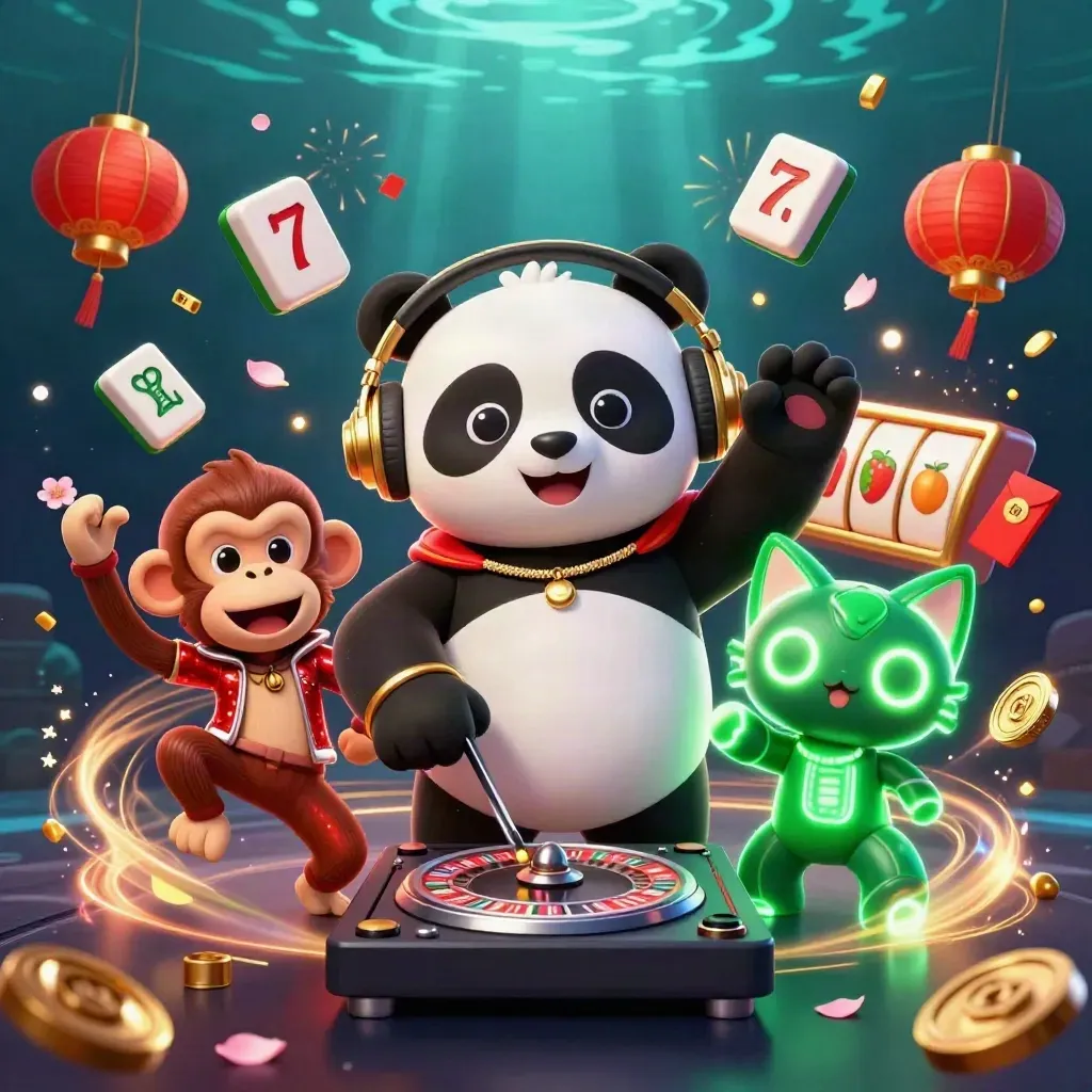 Drei Cartoon-Tiere als Casino-DJ-Team, umgeben von Mahjong-Tiles, Coins und Feuerwerk.