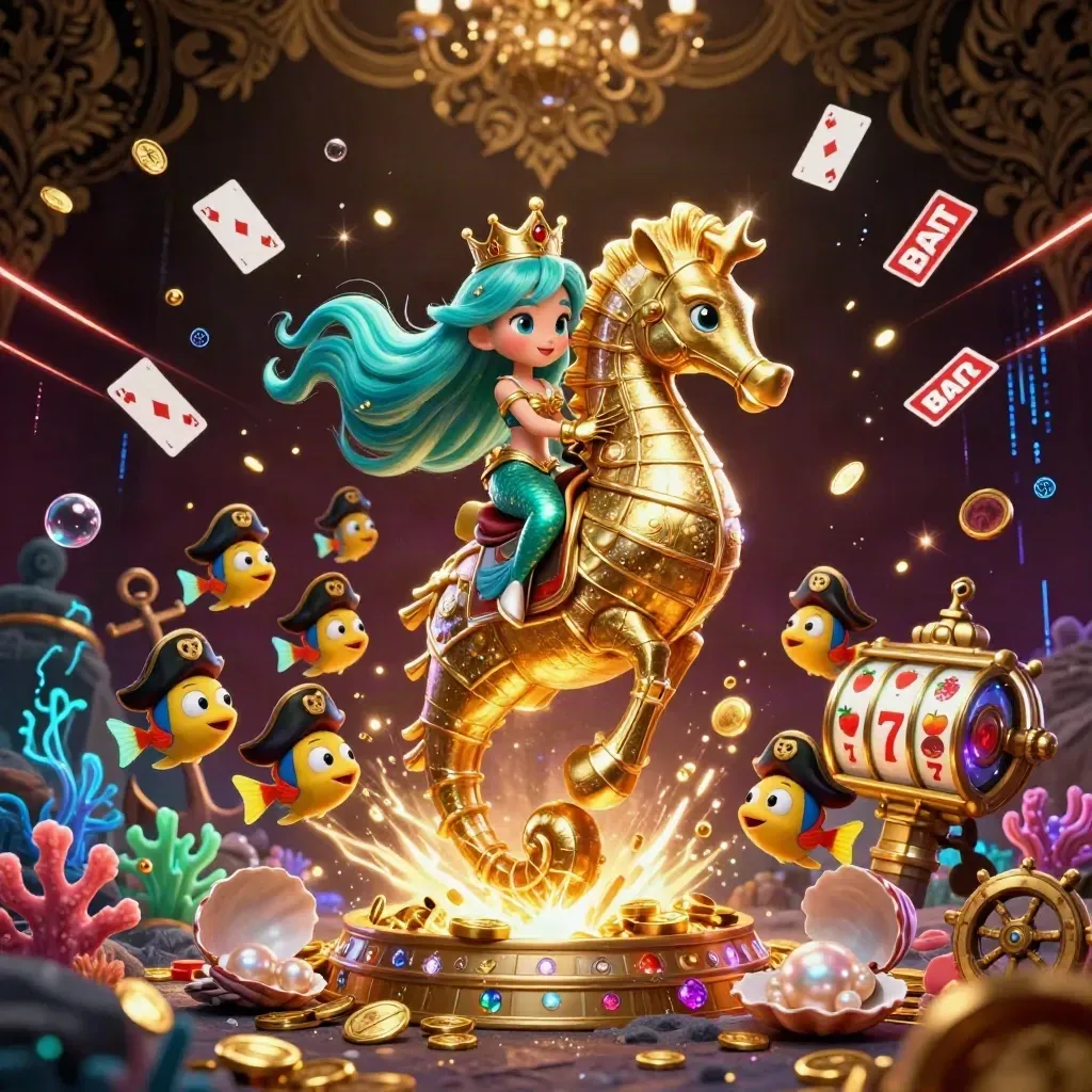 Meerjungfrauen-Prinzessin reitet auf goldenem Seepferd, umgeben von Piratenfischen und Casino-Glanz.