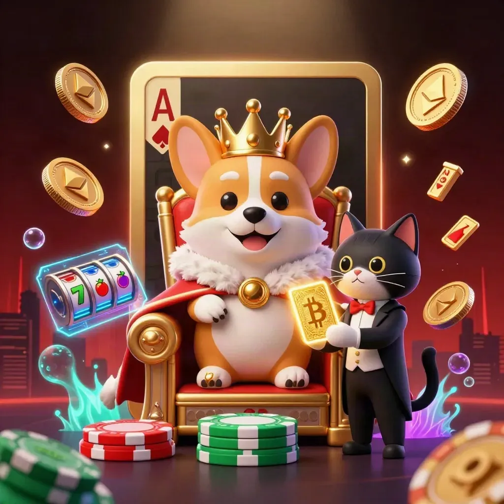 Königliches Corgi auf Pokerchip-Thron mit Katzenbutler, Coins und Casino-Lichteffekten