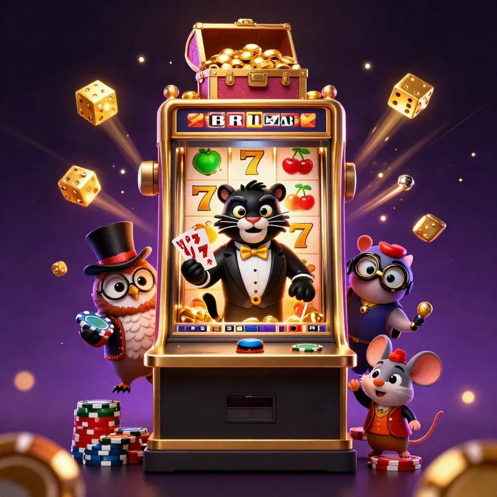 Panther im Smoking, Eule mit Zylinder und Maus vor explodierendem Spielautomaten im Luxuslook.
